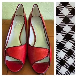 Authentic Delman ADINA-L Scarlet Pebble Leather Peep Toe Pumps, Size 8.5M